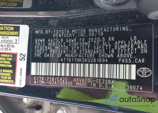 4T1B11HK2KU281694: 42289169