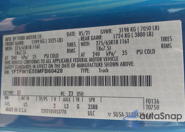 1FTFW1E55MFB60428: 42290421