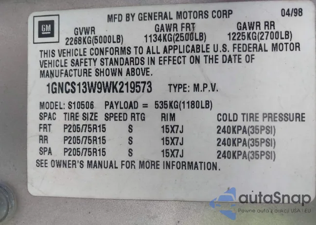 1GNCS13W9WK219573: 42290584