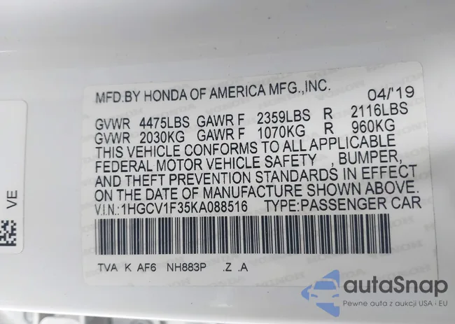 1HGCV1F35KA088516: 42289954