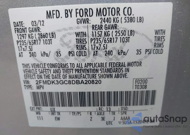 2FMDK3GC8DBA20820: 42291272