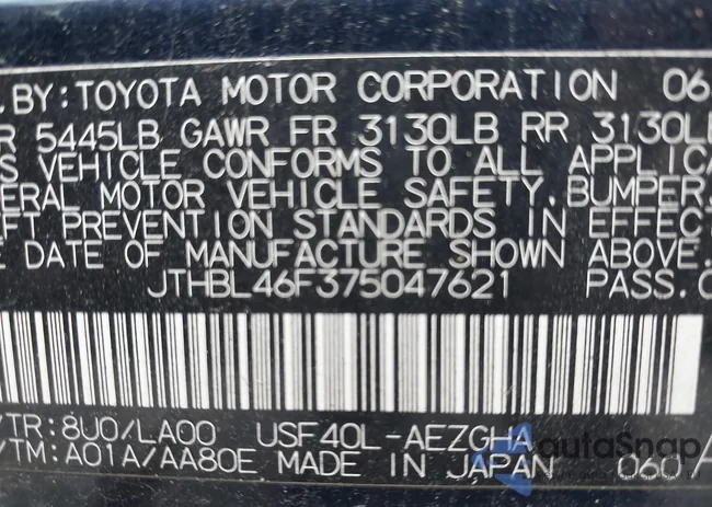 JTHBL46F375047621: 42292427