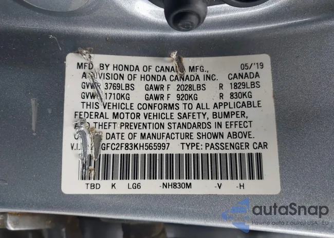 2HGFC2F83KH565997: 42294436