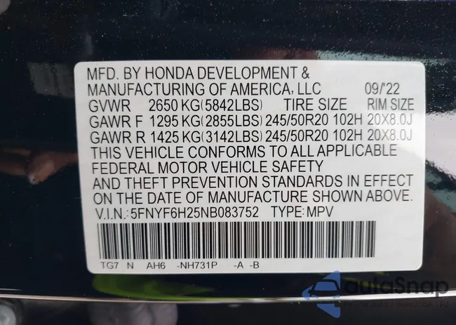 5FNYF6H25NB083752: 42295795