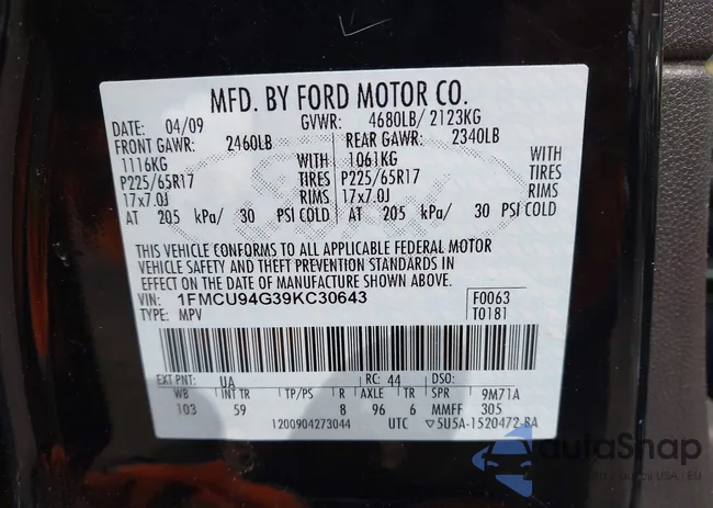 1FMCU94G39KC30643: 42297225