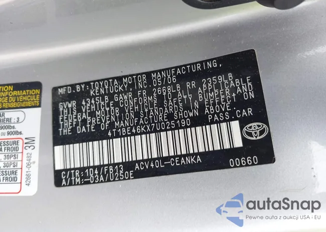 4T1BE46KX7U025190: 42299117