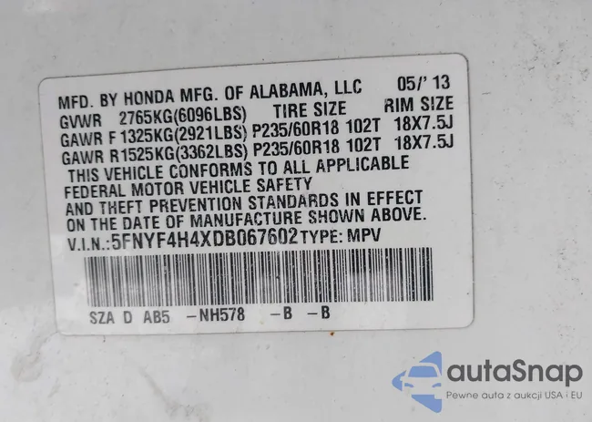 5FNYF4H4XDB067602: 42300013