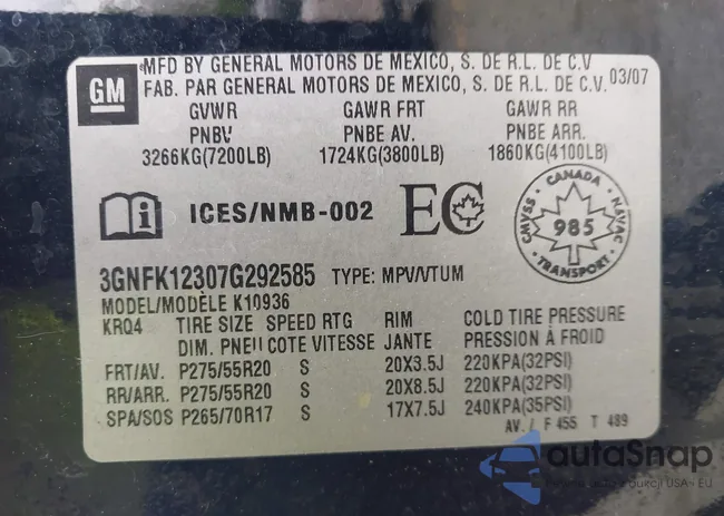 3GNFK12307G292585: 42303468