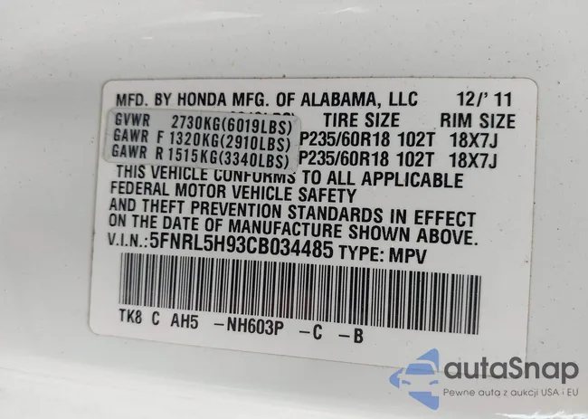 5FNRL5H93CB034485: 42304502