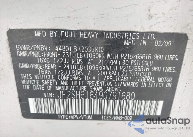 JF2SH61649G791680: 42305546