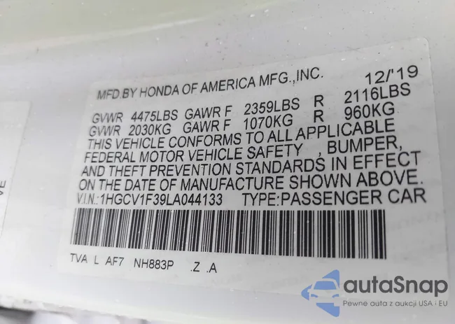 1HGCV1F39LA044133: 42307521