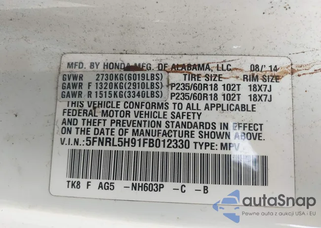 5FNRL5H91FB012330: 42307107