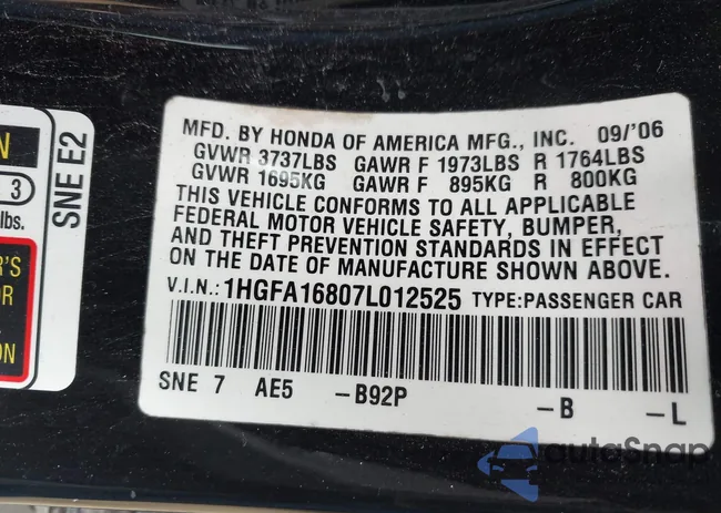 1HGFA16807L012525: 42308727