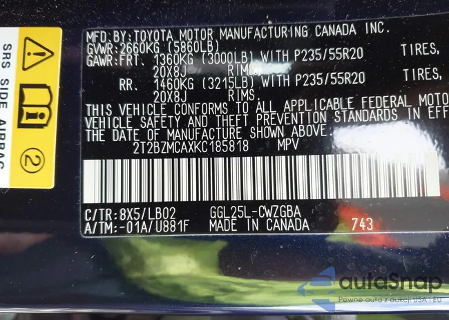 2T2BZMCAXKC185818: 42308783