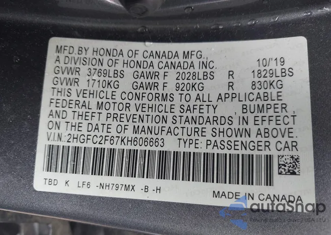 2HGFC2F67KH606663: 42310222