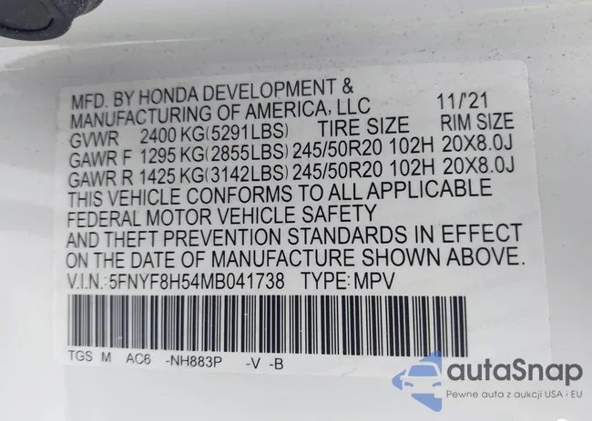 5FNYF8H54MB041738: 42310470