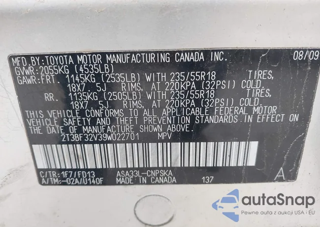 2T3BF32V39W022701: 42310646