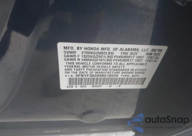 5FNYF38599B018529: 42310124