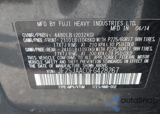 JF2SJAAC0FG428267: 42312343