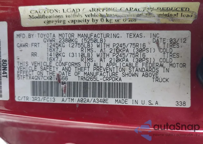 5TFTX4GN7CX010666: 42313067