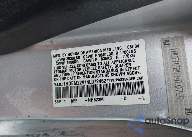 1HGEM22914L072462: 42314569