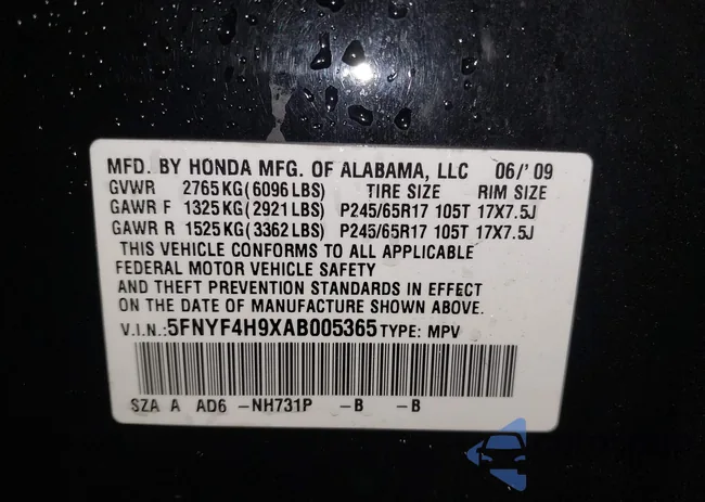 5FNYF4H9XAB005365: 42314589