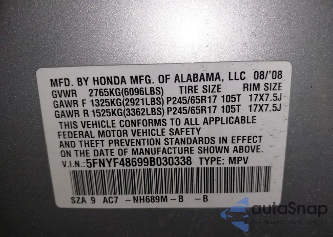 5FNYF48699B030338: 42313932