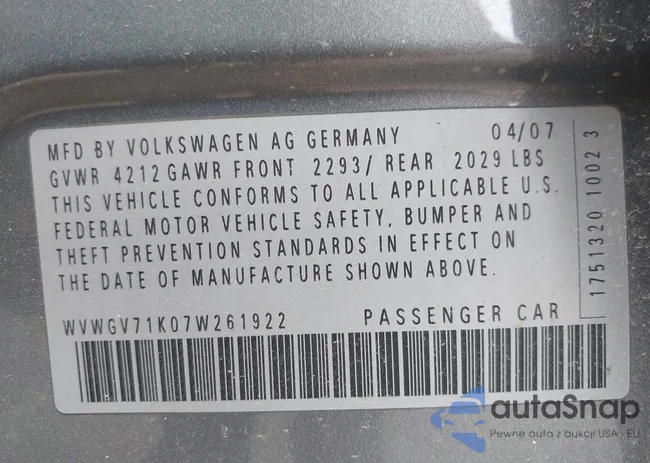 WVWGV71K07W261922: 42315419