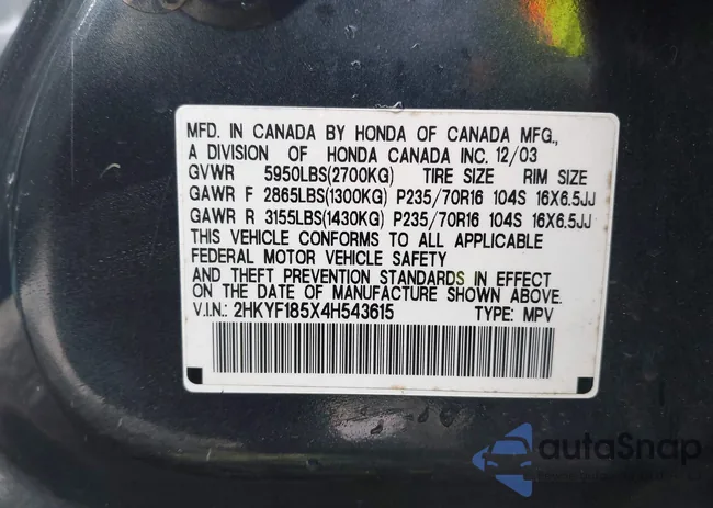 2HKYF185X4H543615: 42317237