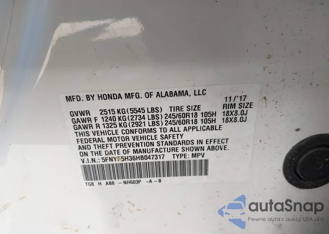 5FNYF5H36HB047317: 42318179