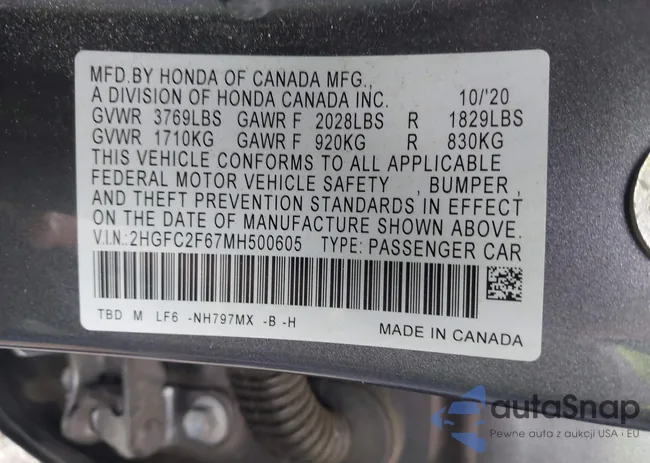 2HGFC2F67MH500605: 42318922