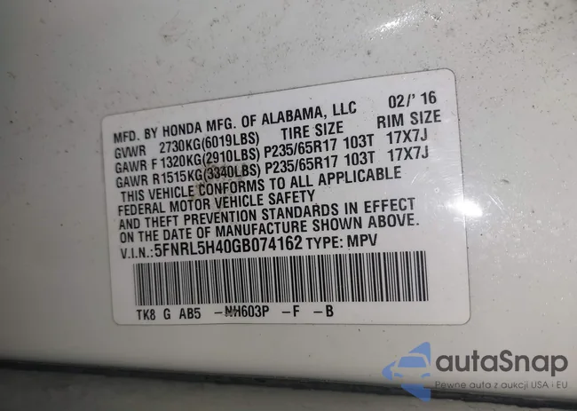 5FNRL5H40GB074162: 42318939
