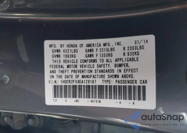 1HGCR2F5XEA129187: 42322016