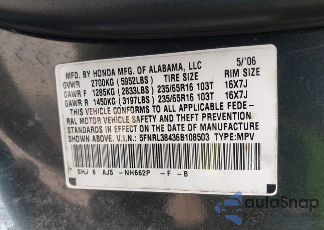 5FNRL38436B108503: 42329547