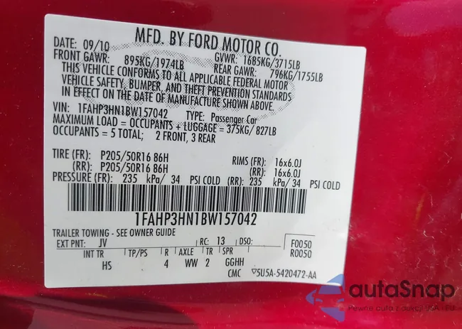 1FAHP3HN1BW157042: 42331647