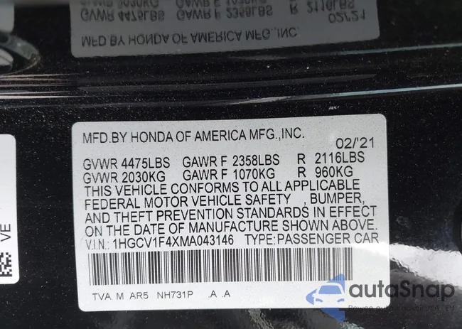 1HGCV1F4XMA043146: 42334196