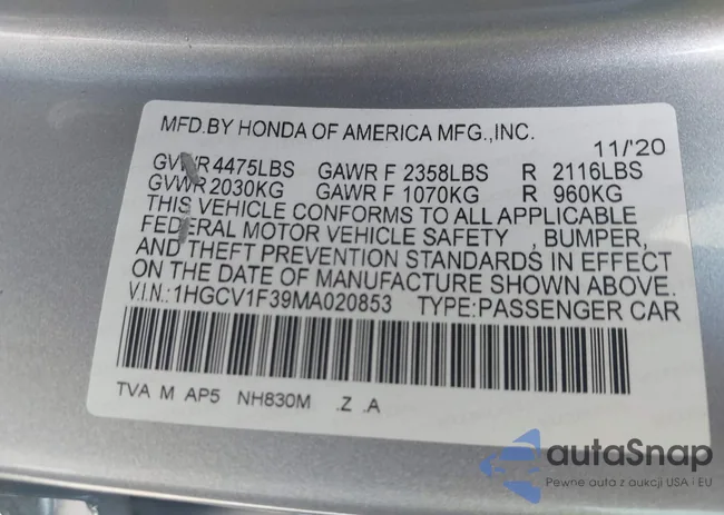 1HGCV1F39MA020853: 42336872