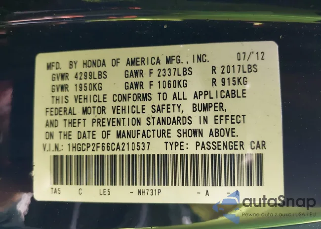 1HGCP2F66CA210537: 42337106