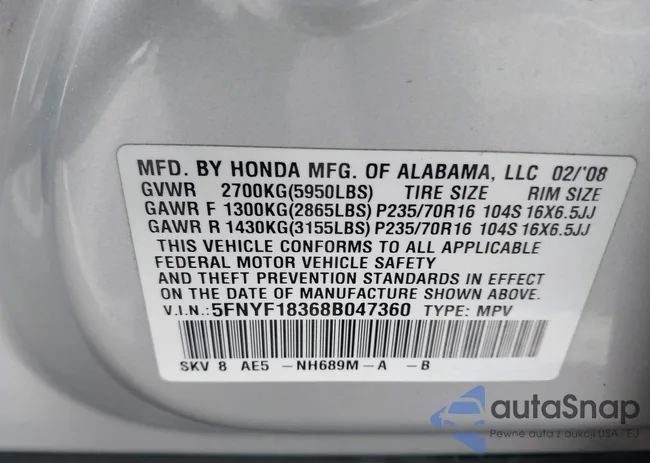 5FNYF18368B047360: 42340310