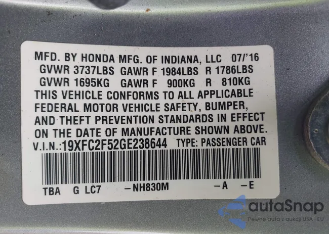 19XFC2F52GE238644: 42340556