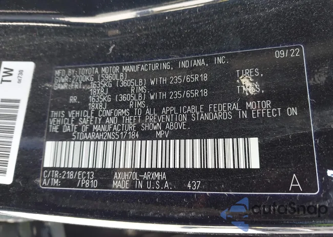 5TDAARAH2NS517184: 42343562