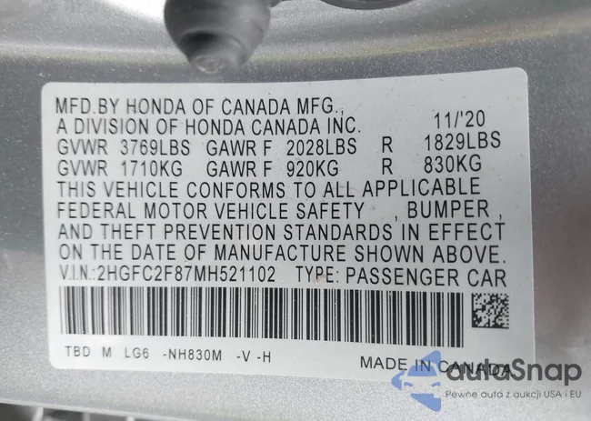 2HGFC2F87MH521102: 42343733