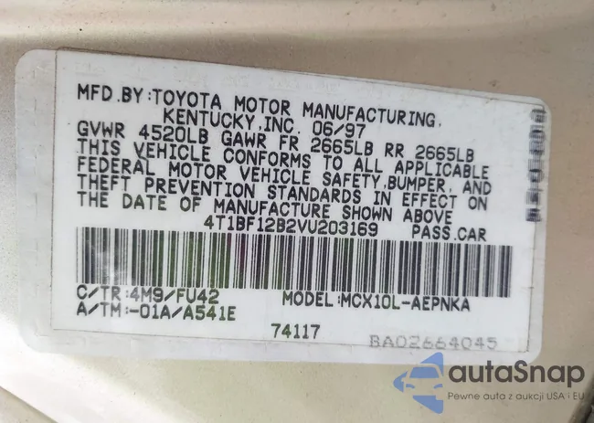 4T1BF12B2VU203169: 42345589