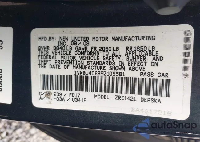 1NXBU40E89Z105581: 42346234