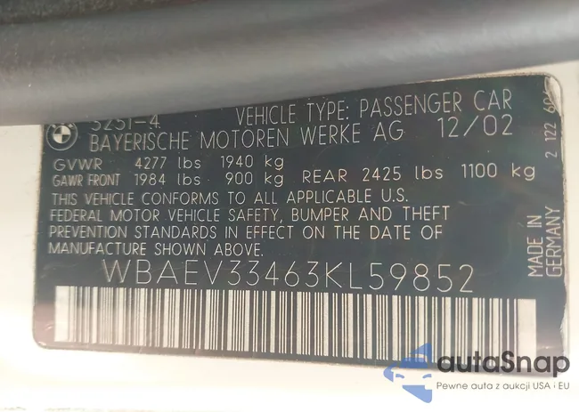 WBAEV33463KL59852: 42352613