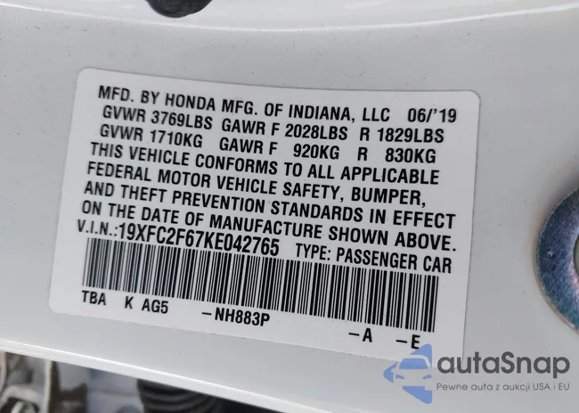 19XFC2F67KE042765: 42359914