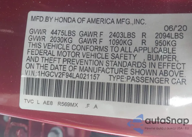 1HGCV2F94LA021157: 42363438