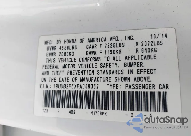 19UUB2F5XFA009352: 42362814