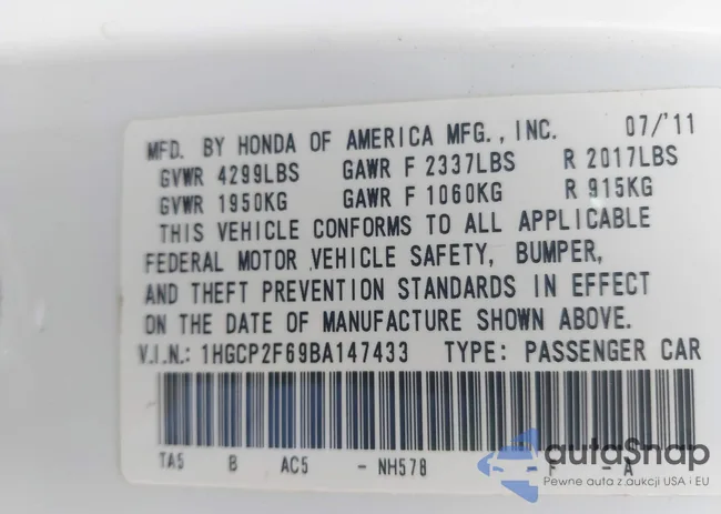 1HGCP2F69BA147433: 42364507