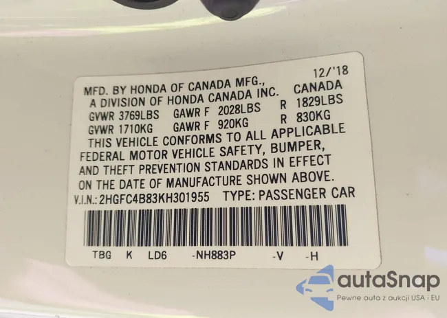 2HGFC4B83KH301955: 42364100